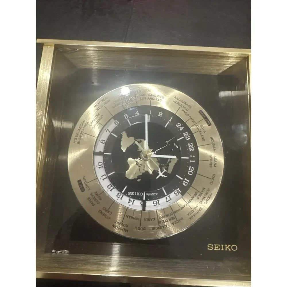 VTG Seiko Brass World Military Time Desk/Mantel Clock w/ ✈ Second Hand - QQZ885A